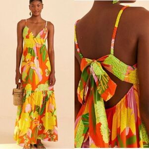 FARM Rio Neon Floral Tiered Cotton Maxi Dress
